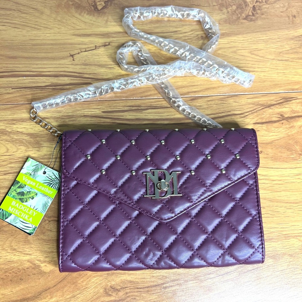 Badgley Mischka Crossbody Plum Quilted Vegan Leather Studded NWT
